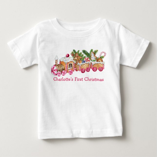 Baby First Christmas Gingerbrot Zug Pink Candy T-shirt (Vorderseite)