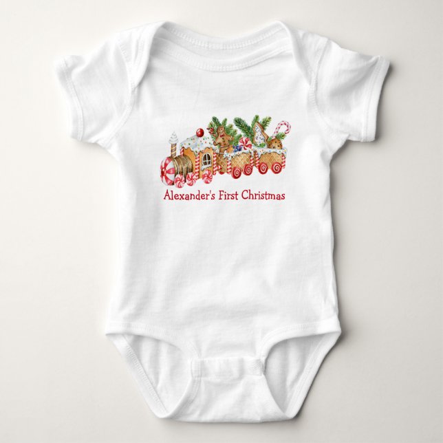 Baby First Christmas Gingerbrot Zug Red Candy Baby Strampler (Vorderseite)