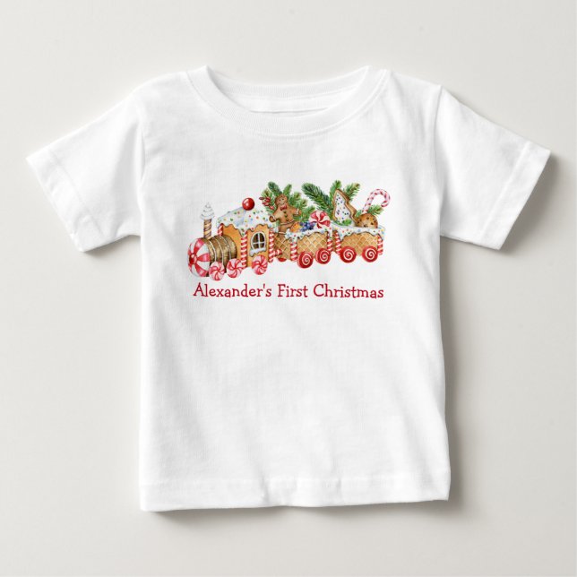 Baby First Christmas Gingerbrot Zug Red Candy T-shirt (Vorderseite)
