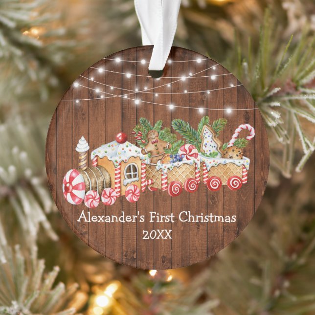 Baby First Christmas Gingerbrot Züge Wood Lights Ornament (Baum)