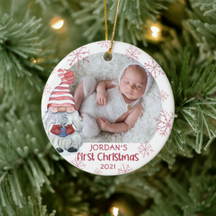 Baby First Christmas Gnome Pink Snowflake 2 Foto Keramik Ornament