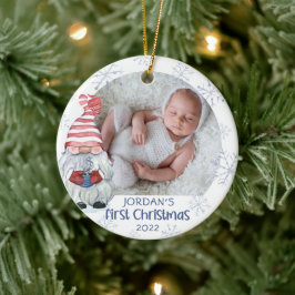 Baby First Christmas Gnome Snowflake Name Blue Keramik Ornament