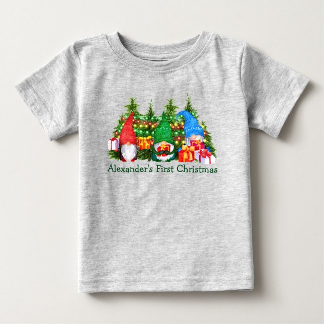 Baby First Christmas Gnomes Lights Gray T-shirt (Vorderseite)