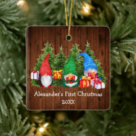 Baby First Christmas Gnomes Rustic Square Keramikornament