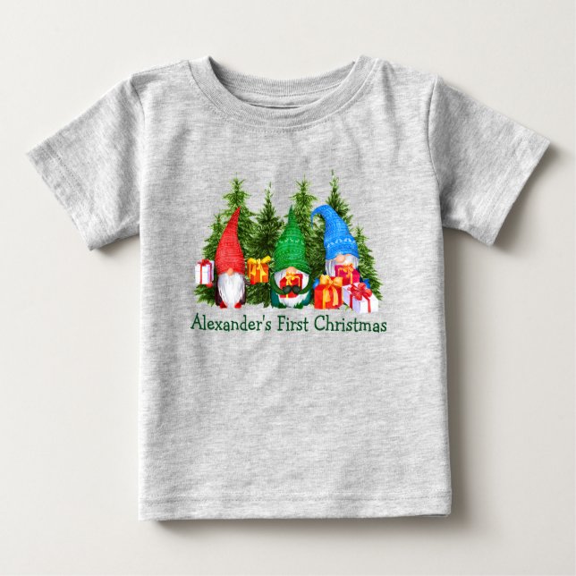 Baby First Christmas Gnomes Trees Gray Baby T-shirt (Vorderseite)