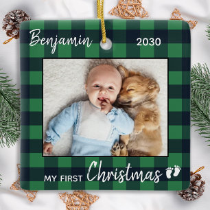 Baby First Christmas Green Buffalo Kariertes Foto Keramikornament