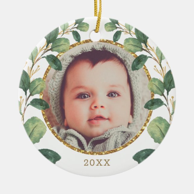 Baby First Christmas Greenery Gold Eucalyptus Keramik Ornament (Vorne)