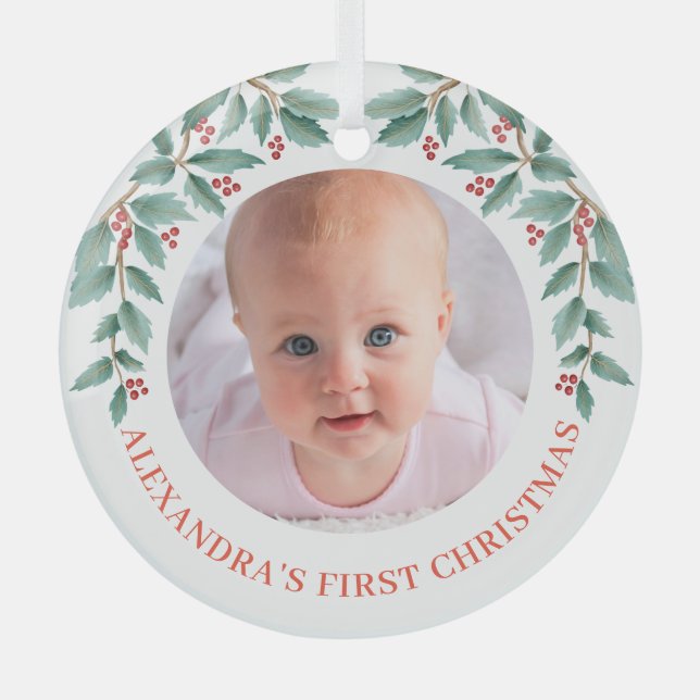 Baby First Christmas Holly Red Green Foto Ornament Aus Glas (Vorderseite)