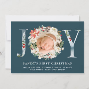 Baby First Christmas JOY Poinsettia Floral Foto Feiertagskarte