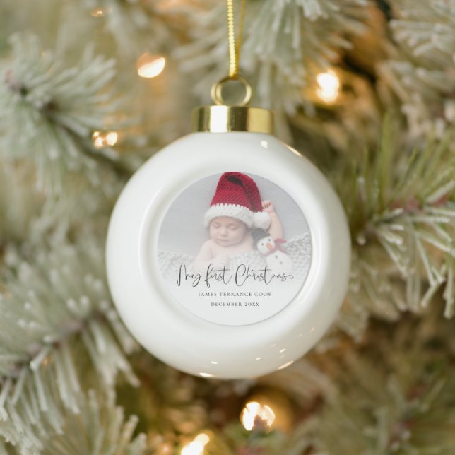 Baby First Christmas Keepake Foto Overlay Keramik Kugel-Ornament (Baum)