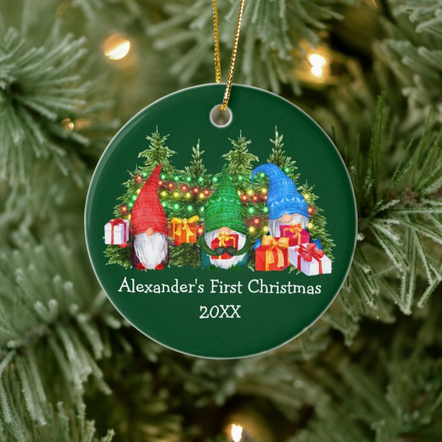 Baby First Christmas Lights Gnomes Green Keramik Ornament (Baum)