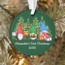 Baby First Christmas Lights Gnomes Green Ornament