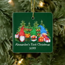 Baby First Christmas Lights Gnomes Green Square Keramikornament