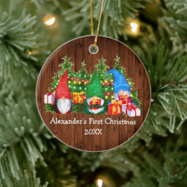 Baby First Christmas Lights Gnomes Rustic Keramik Ornament