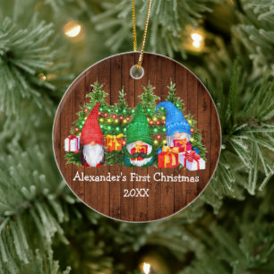 Baby First Christmas Lights Gnomes Rustic Keramik Ornament