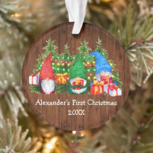 Baby First Christmas Lights Gnomes Rustic