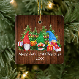 Baby First Christmas Lights Gnomes Rustic Square Keramikornament