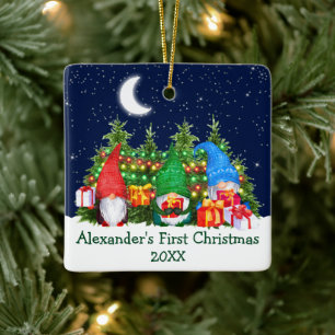Baby First Christmas Lights Watercolor Gnomes Sky Keramikornament