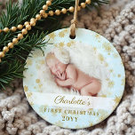 Baby First Christmas Magic Gold Snowflakes Foto Ornament<br><div class="desc">Zauberhafte Goldschneeflocke grenzen an das erste Weihnachtsgebäck des Fotos. Das erste Weihnachtskuchendekor des hellblauen und goldblauen Babys kann mit dem Namen des Babys,  dem Jahr und einem Foto vorne und einem auf der Rückseite abgestimmt werden.</div>