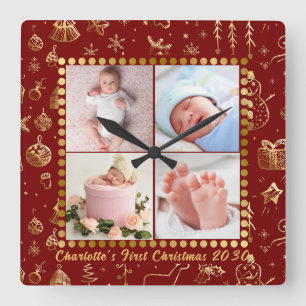 Baby First Christmas Magic Gold Snowflakes Foto Quadratische Wanduhr