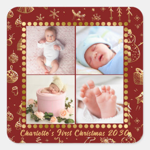 Baby First Christmas Magic Gold Snowflakes Foto Quadratischer Aufkleber