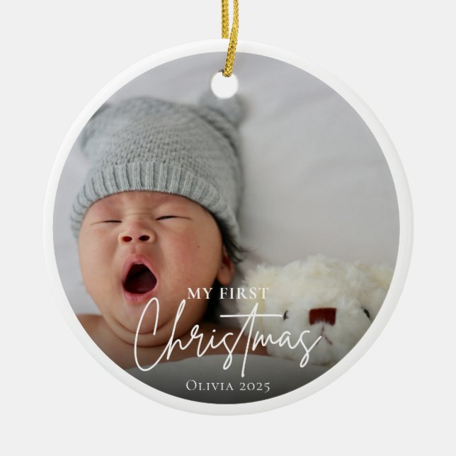 Baby First Christmas Modernes, einfaches Foto Temp Keramik Ornament (Vorne)