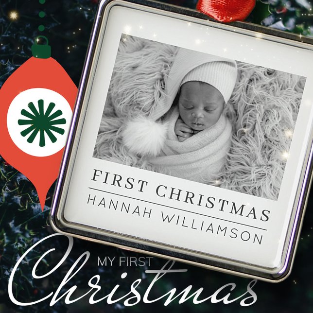 Baby First Christmas Modernes Minimalistisches Fot Ornament Aus Metall (Von Creator hochgeladen)