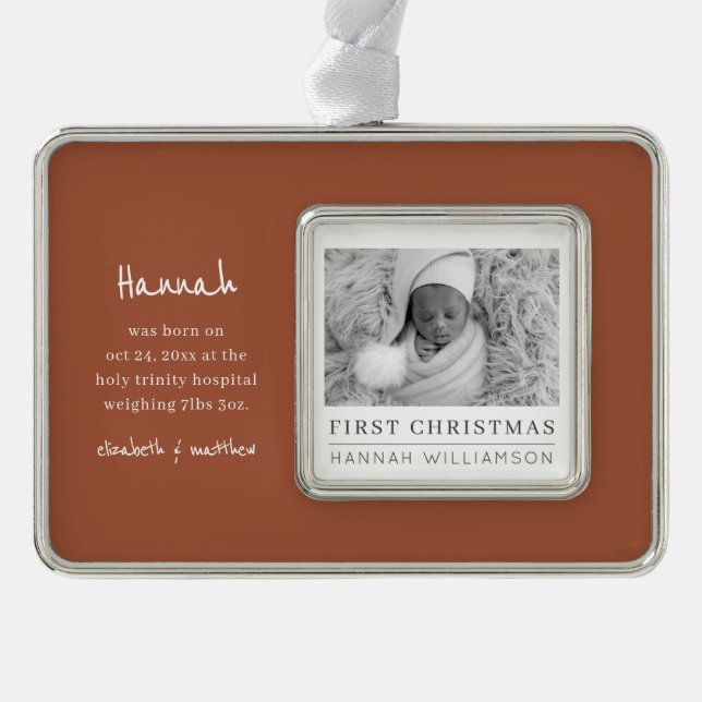 Baby First Christmas Modernes Minimalistisches Fot Rahmen-Ornament Silber (Vorderseite)