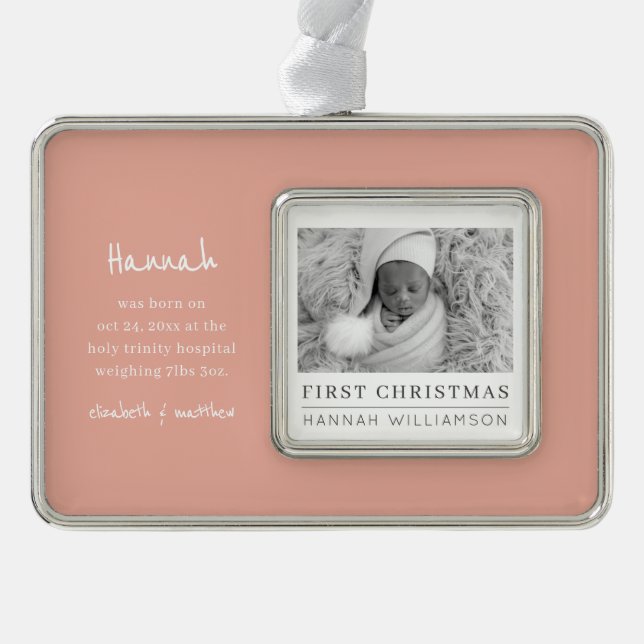 Baby First Christmas Modernes Minimalistisches Fot Rahmen-Ornament Silber (Vorderseite)