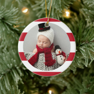 Baby First Christmas Modernes Red Stripes Foto Keramik Ornament