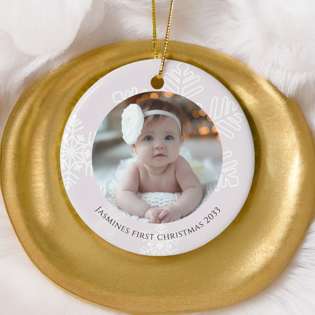 Baby First Christmas Modernes Snowflakes Foto Keramik Ornament (cute snowflake pastel pink photo babys first christmas ornament)