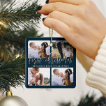 Baby First Christmas Navy Gold Script Vier Foto Keramikornament<br><div class="desc">Elegantes Baby's erste Weihnachten vier Foto Collage Sake-Ornament. Das erste Weihnachtsgebäck für Navy- und Goldbaby kann mit dem Namen des Babys und vier Fotos auf der Vorder- und Rückseite individuell gestaltet werden. Elegantes "First Christmas" Imitat Gold-Skript.</div>