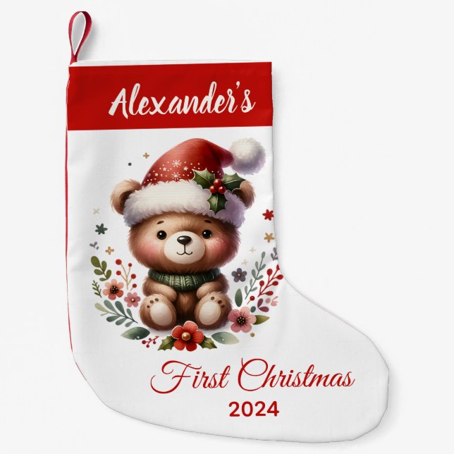 Baby First Christmas niedlich Bär personalisiert Kleiner Weihnachtsstrumpf (Vorderseite)