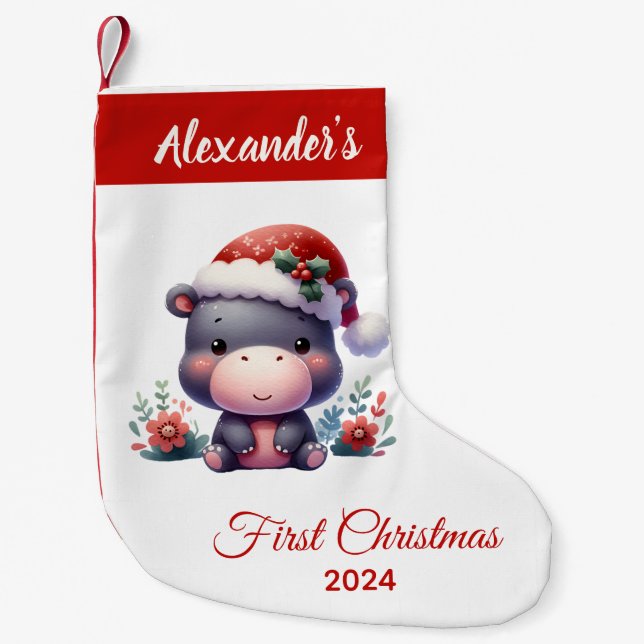 Baby First Christmas niedlich Hippo personalisiert Kleiner Weihnachtsstrumpf (Vorderseite)
