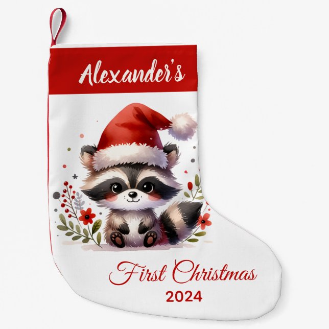 Baby First Christmas niedlich Racoon personalisier Kleiner Weihnachtsstrumpf (Vorderseite)