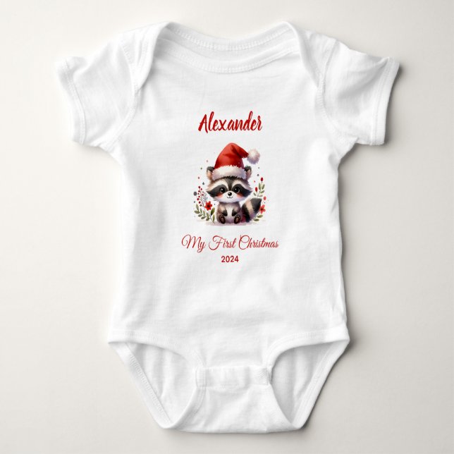 Baby First Christmas niedlich Racoon personalisier Strampler (Vorderseite)