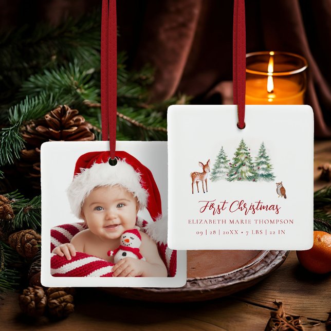 Baby First Christmas Owl Deer Woodland Photo  Keramikornament (baby first christmas ornament woodland deer owl trees baubles photo template red calligraphy)