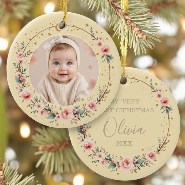 Baby First Christmas Photo Gold Celestial Stars Keramik Ornament (Von Creator hochgeladen)