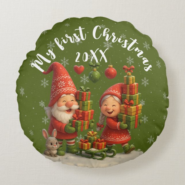 Baby First Christmas Pillow - Cute Holiday Gnomes Rundes Kissen (Vorderseite)