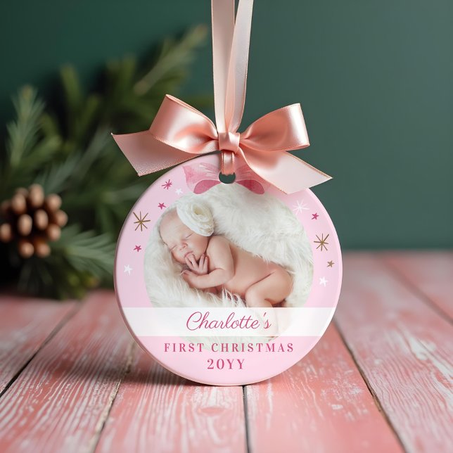 Baby First Christmas Pink Bow & Stars Ornament (Baby First Christmas Pink Bow & Stars Ornament)