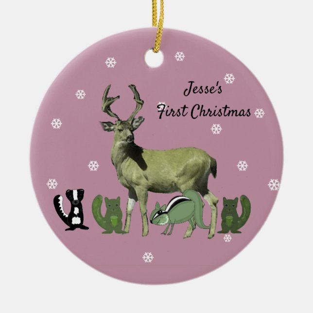 Baby First Christmas Pink Forest Animals Ornament (Vorne)