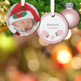Baby First Christmas Pink Mittens Photo Ornament