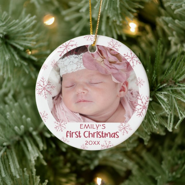 Baby First Christmas Pink Snowflake Girl Name Keramik Ornament (Baum)