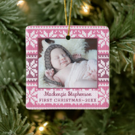 Baby First Christmas Pink Snowflake Sweater Foto Keramikornament