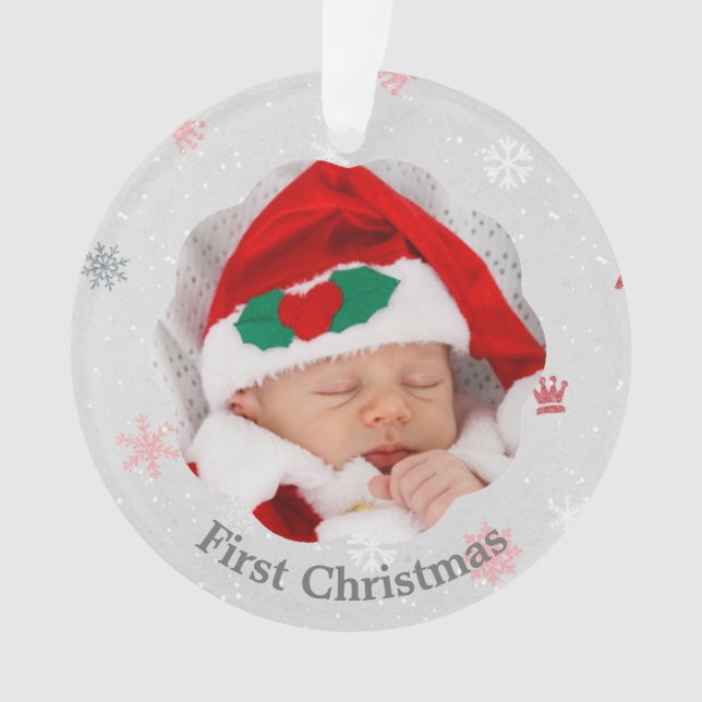 Baby First Christmas Pink Snowflakes Foto Ornament (Vorderseite)