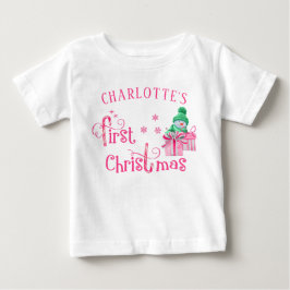 Baby First Christmas Pink Snowman and Snowflakes T-shirt
