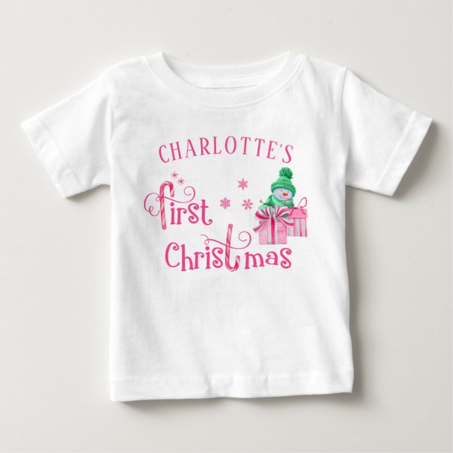 Baby First Christmas Pink Snowman and Snowflakes T-shirt (Vorderseite)