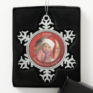 Baby First Christmas Red Foto Snowflake  Schneeflocken Zinn-Ornament
