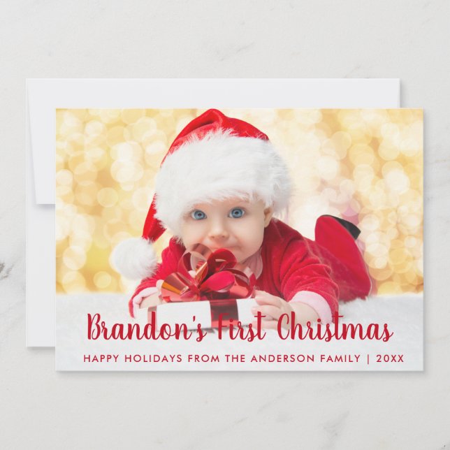 Baby First Christmas Red Script Foto Card Einladung (Vorderseite)