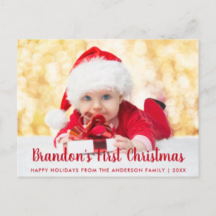 Baby First Christmas Red Script Foto Postkarte